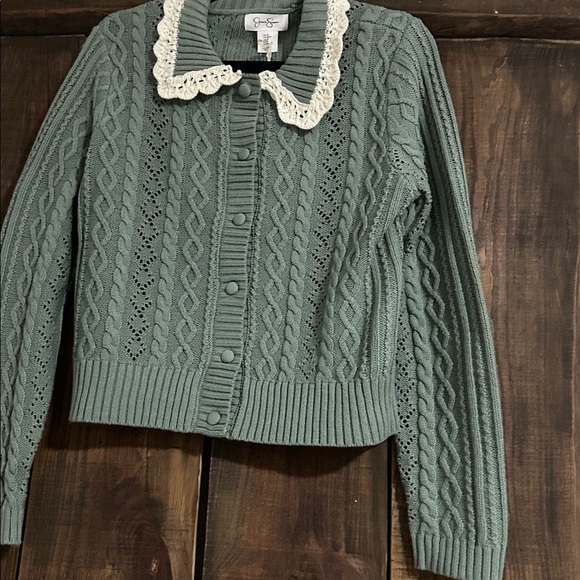 Green Cable Knit Cardigan with Lace Collar - Picture 1 of 4